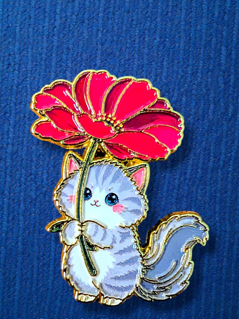 Cute Gray Tabby Cat Enamel Pin with Red Flower - Unbranded